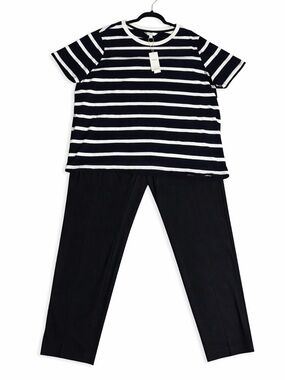 NWT M&S Navy/White Striped Top & Black Slim Ankle Pants Matching Set